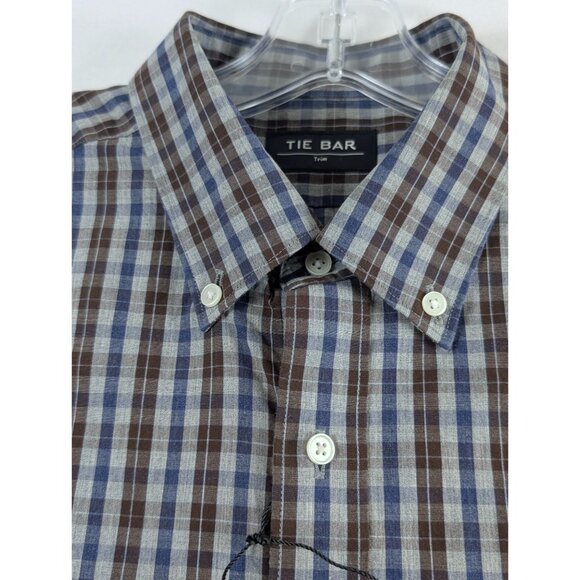 Tie Bar Trim Fit Blue Brown Plaid Button-Down Shirt Mens Small long Sleeve NWT - Picture 6 of 13